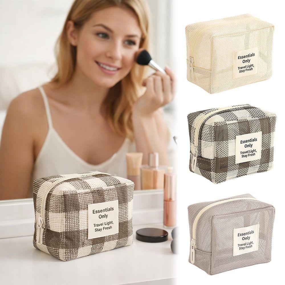 New Multi-purpose Mesh Cosmetic Bag Checkered Portable Travel Mesh Toiletry Bag Makeup Storage Case Storage Bag