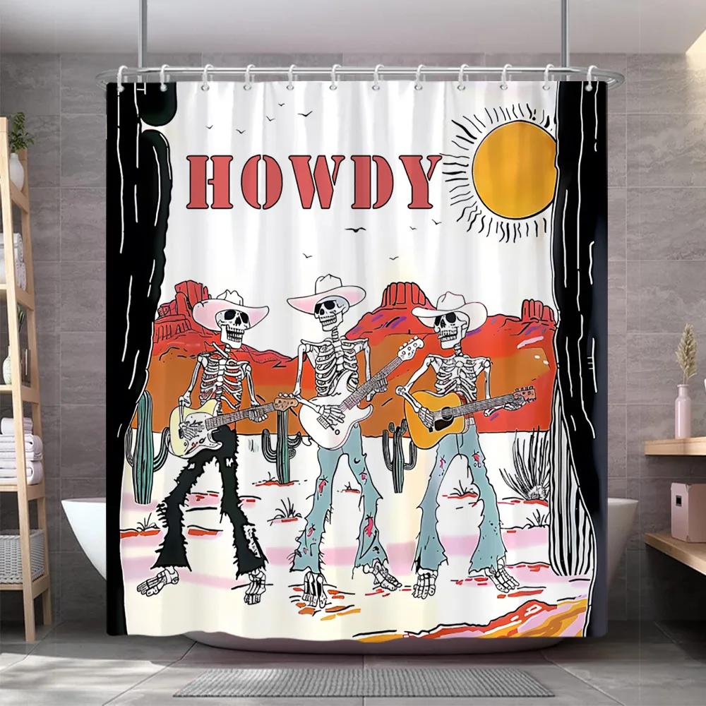 Vintage Western Schädel Gitarre Duschvorhang Lustiger Skelett Cowboy Howdy Gotisch Wilde Natur Wüste Duschvorhang Badezimmer Dekor