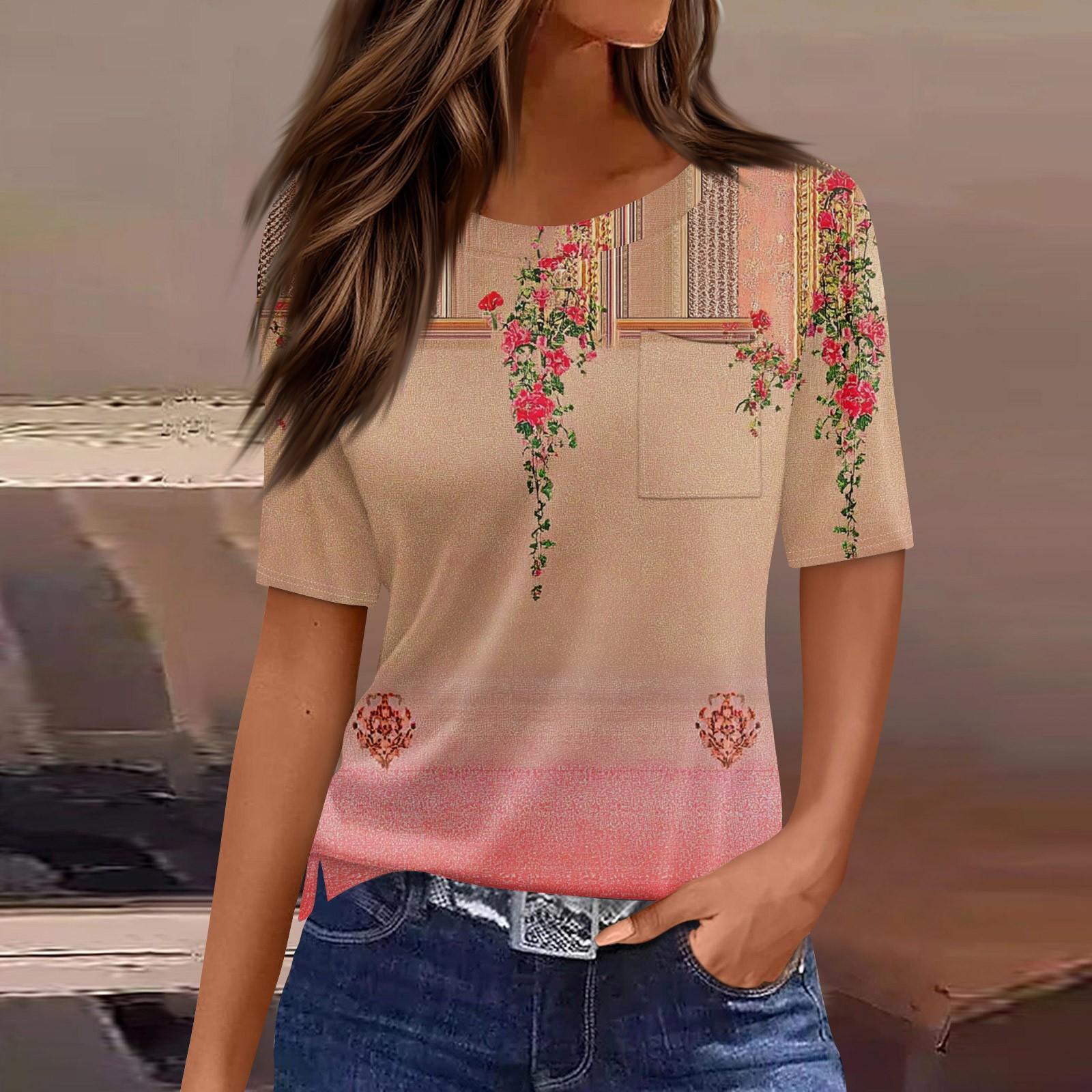 

Женская футболка с коротким рукавом и круглым вырезом, карманом и винтажным цветочным принтом XXXL циан