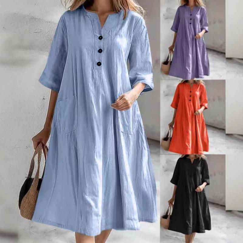 Women's Three-button Pocket Dress Women's Mid-length V-neck Half-sleeved