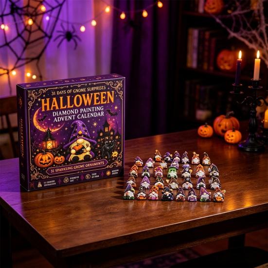 Kit Artigianale di Halloween Calendario dell'Avvento Pittura con Strass Gnomo 31 Giorni, Kit Artigianato Fai-da-te per Bomboniere Festa, Ornamenti Artistici Fatti a Mano con Strumenti per Perline