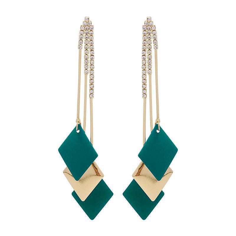 Elegant Geometric Tassel Earrings with Diamond Accents - Versatile and Stylish Rhombus Studs.