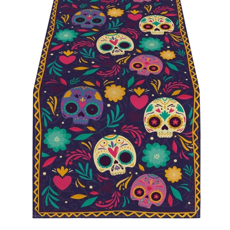 Horror Halloween Skull Table Runner Ethnic Mexico Flower Table Runner Day of The Dead Kitchen Dining Tablecloth Table
