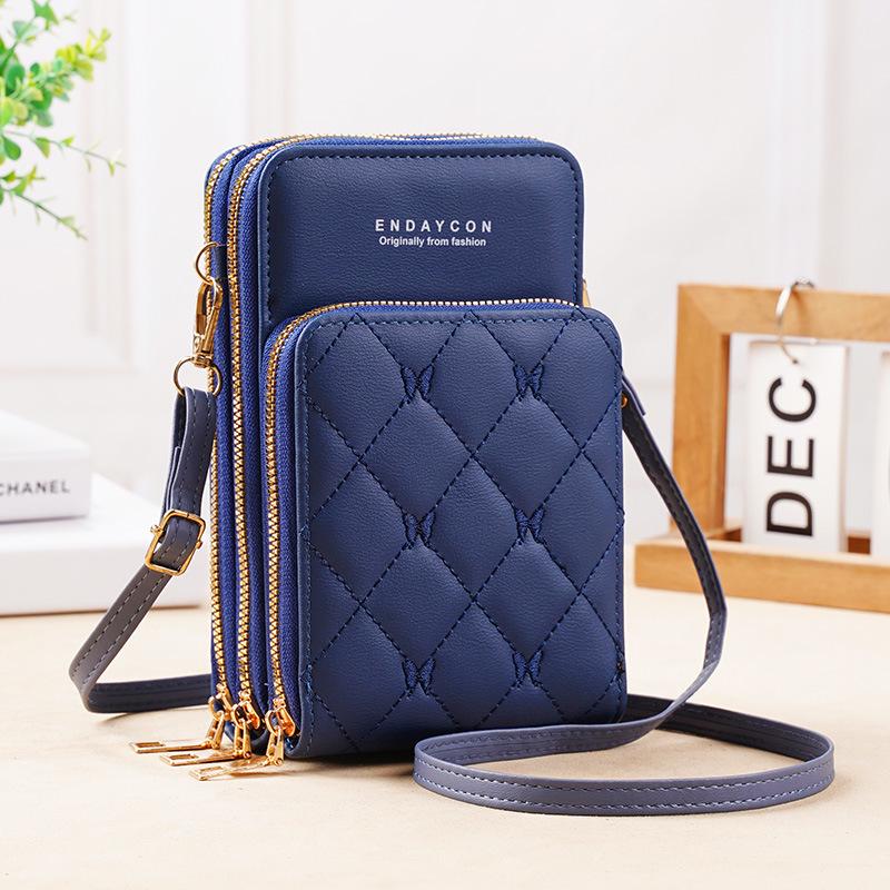 "Korean-Style Women's Fashionable Mini Crossbody Phone Bag – Solid Color, Three-Layer Zipper, Multifunctional, Simple Design Wallet"