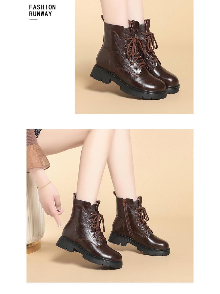 Women's British-Style Genuine Leather Ankle Boots - 2025 Autumn/Winter, Thick Sole, Velvet Wool Interior, Warm & Stylish.