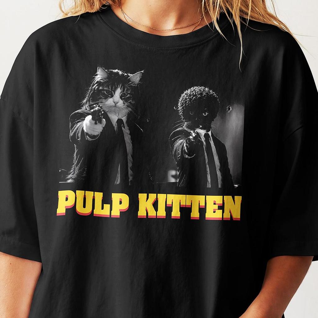 Pulp Kitten Cat T-Shirt | Funny Movie Parody Tee | 90s Cult Film Cat Lover Gift | Unisex Graphic Streetwear Top | Retro Goth Aesthetic