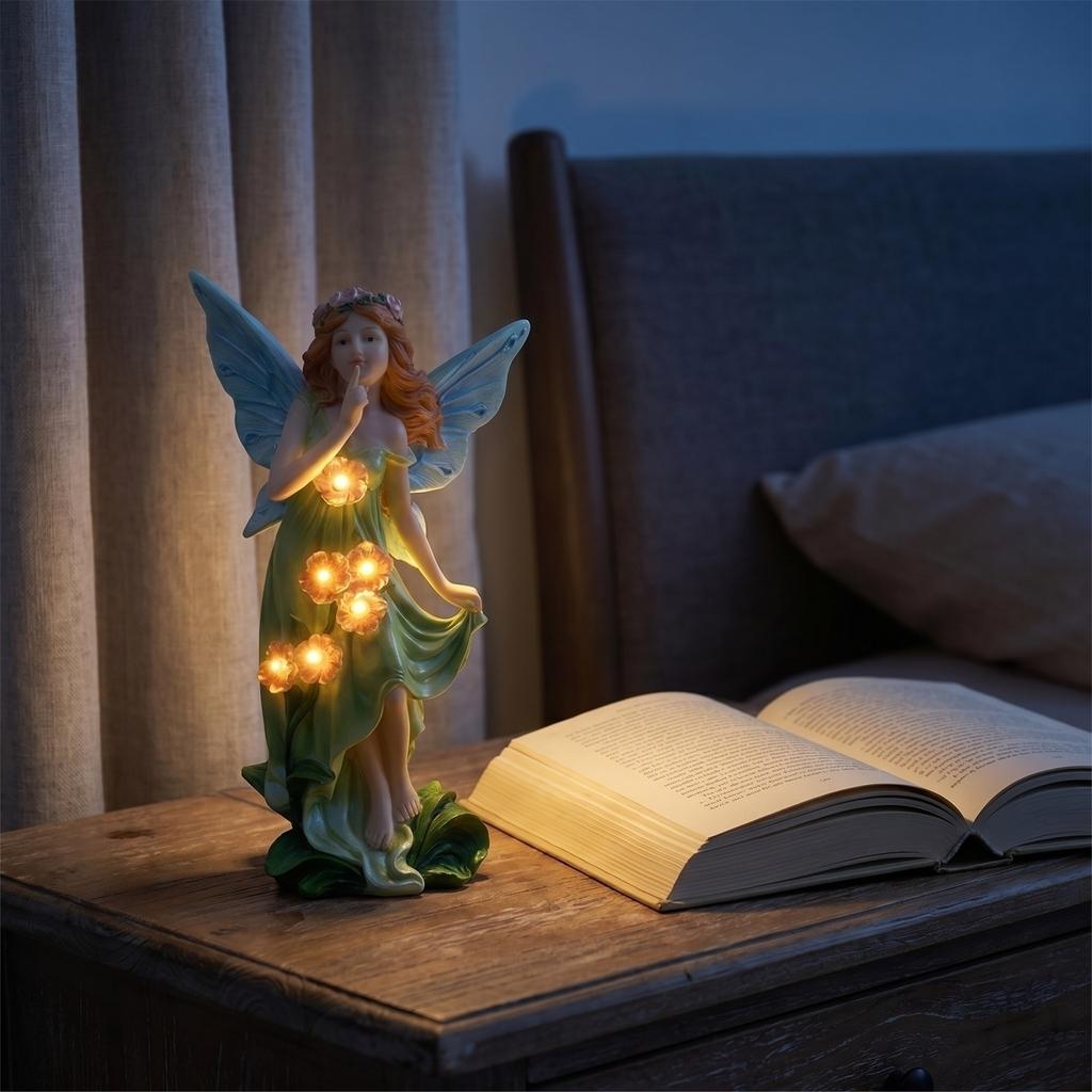 Resin Fairy Figurine Garden Decoration Solar Powered Night Light Outdoor Patio Yard Miniature Landscape Ornament