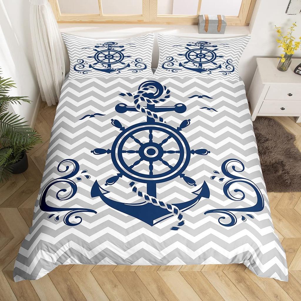 Vintage Anchor Duvet Cover Twin King, Nautical Theme Bedding Set Sailing Boat Sea Turtle Bed Cover, Compass Starfish Quilt Cover