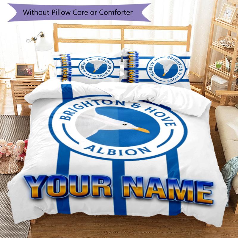 3pcs Brighton & Hove Albion F.C. Cover Set - Personalized Name, HD Printed Bedding with 1 Cover and 2 Pillowcases - Perfect for Home Decor, Easy Care