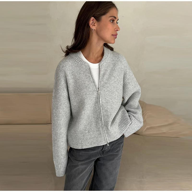 Strikket Ensfarget Dame Cardigan Løs Langermet Glidelås Dame Genser Casual Høst Vinter O-hals Rett Dame Overfrakk