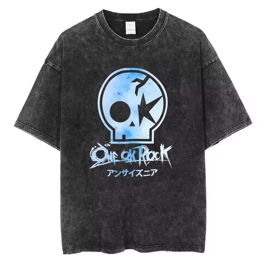 Vintage One Ok Rock Tour Tengkorak Washed Tshirts Men's Women Tee Cotton Summer Oversized Hip Hop Harajuku Tops