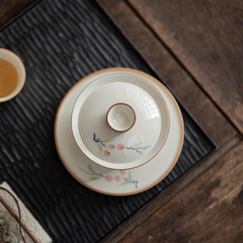 Plant Gray Hand-painted Persimmon Ruyi Horseshoe Covered Bowl Ceramic Three-talent Gaiwan Covered Cup Single Oven Mitts Tea Bowl