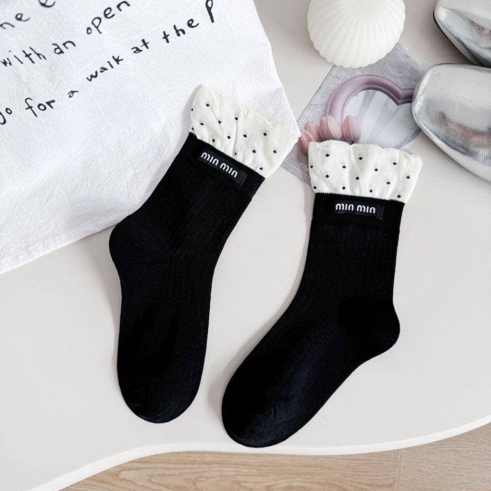 

Женские носки Miu до середины икры в горошек с кружевом - Двойная резинка, Чистый хлопок, Японский ретро-стиль для весны и осени. One Size чёрный