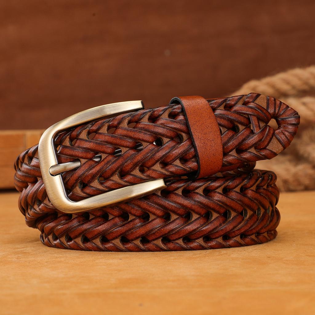 Belt for Men's Retro Hand-woven Genuine Leather Pants Belt for Students' Pin Buckle Versatile Trendy Young People