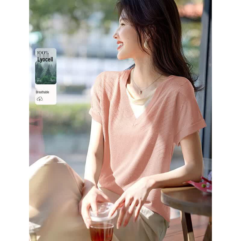 XWI Women s Faux Two-Piece Cooling Lyocell V-Neck Knit Top L