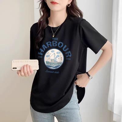 Pure Cotton T-shirt Women's Summer Loose and Thin Bottoming Shirt New Fashion Age Reduction Curved Black Medium and Long Short Sleeves