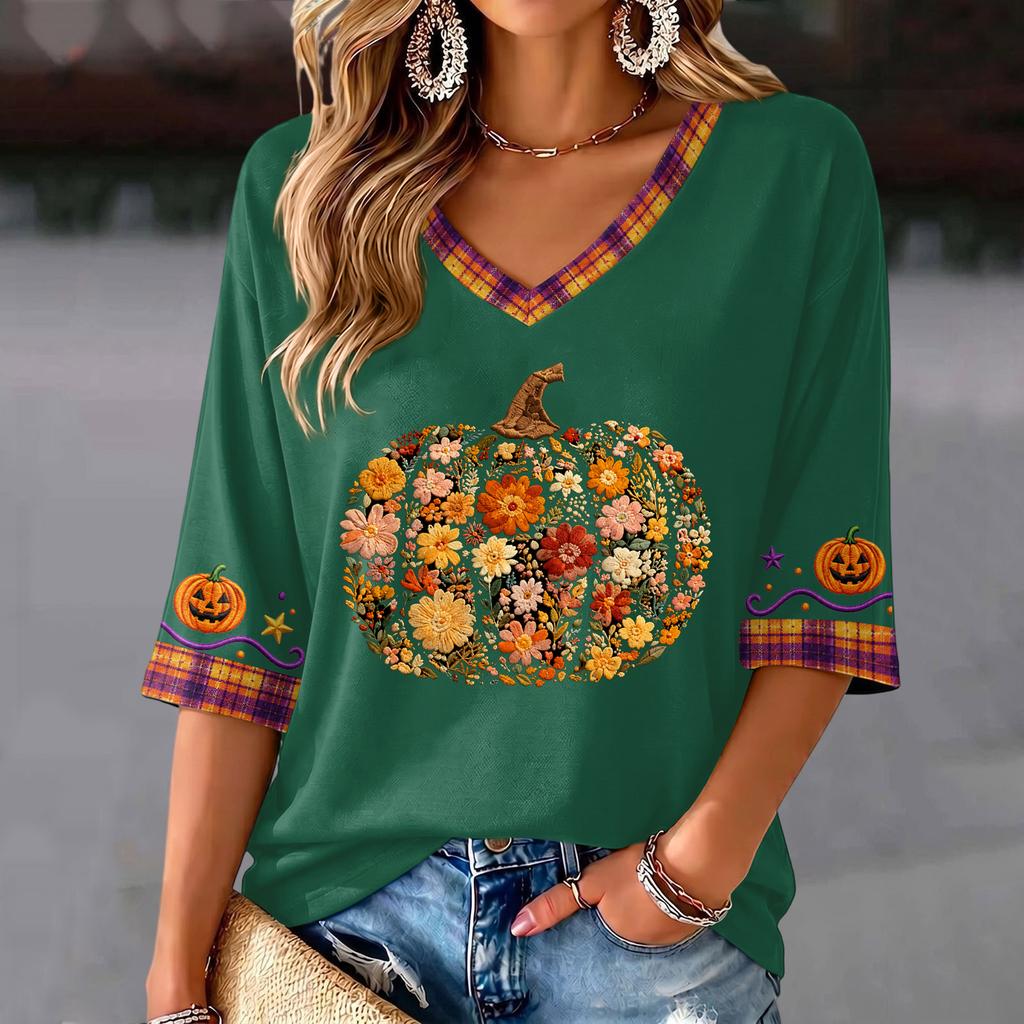 Women's V-Neck Halloween Print Lightweight Top for Spring and Summer