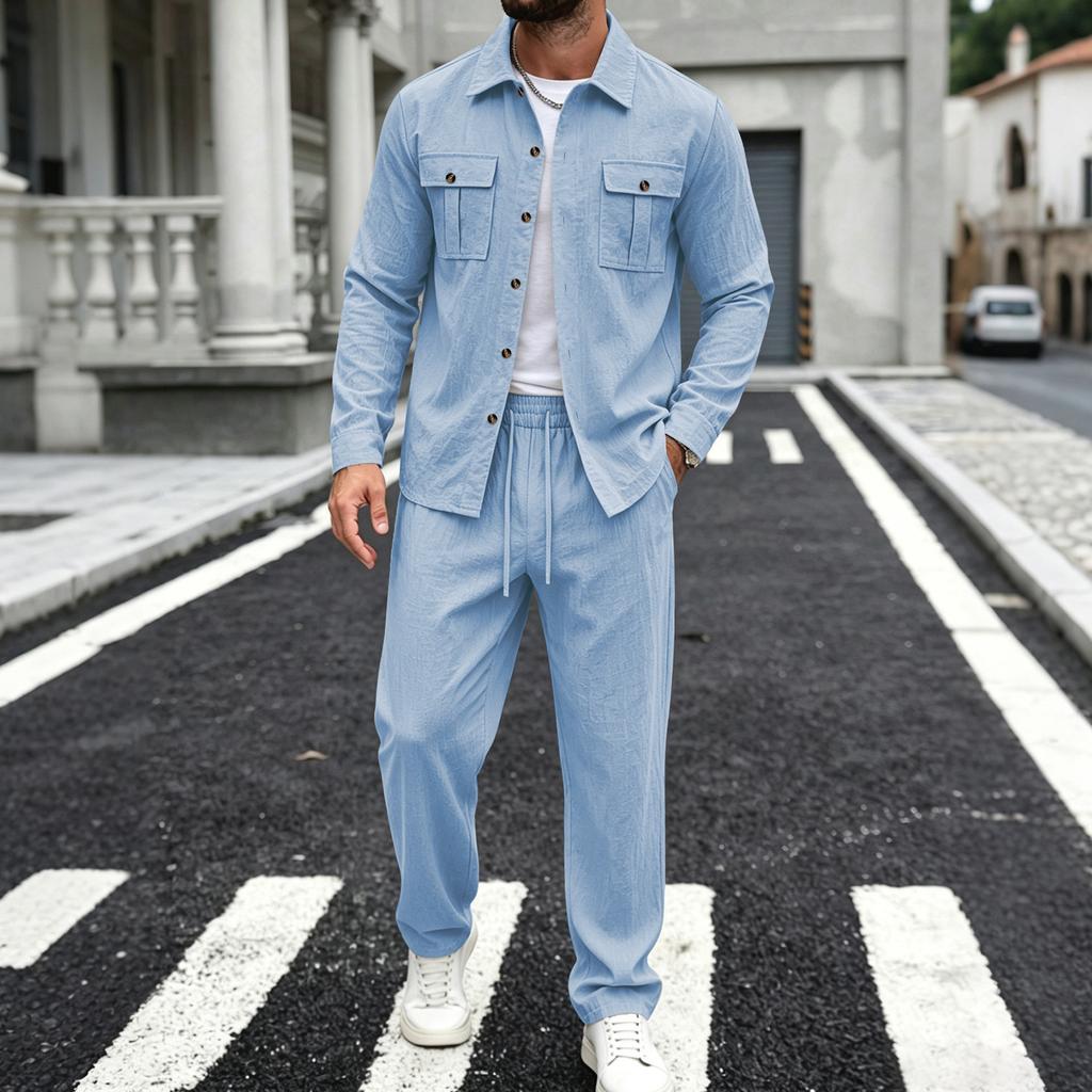 Men's Linen Two-Piece Set with Long Sleeve Shirt and Pants, Turn-Down Collar, Double Pockets, Loose Fit Casual
