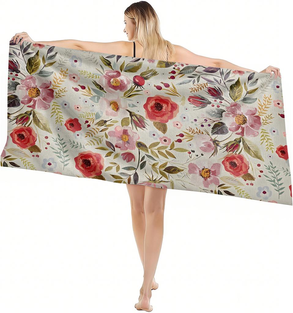1PC Towel Blue Vintage Flower Drawing Art for Family Friend Quick-Dry Beach Towel For Yoga Tourism Beach GYM Camping Swimming