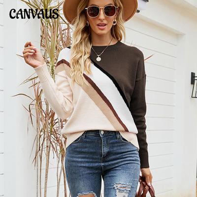Herbst und Winter Damen Pullover Mode gestreiften Colorblocking Strickpullover Rundhals Pullover Pullover
