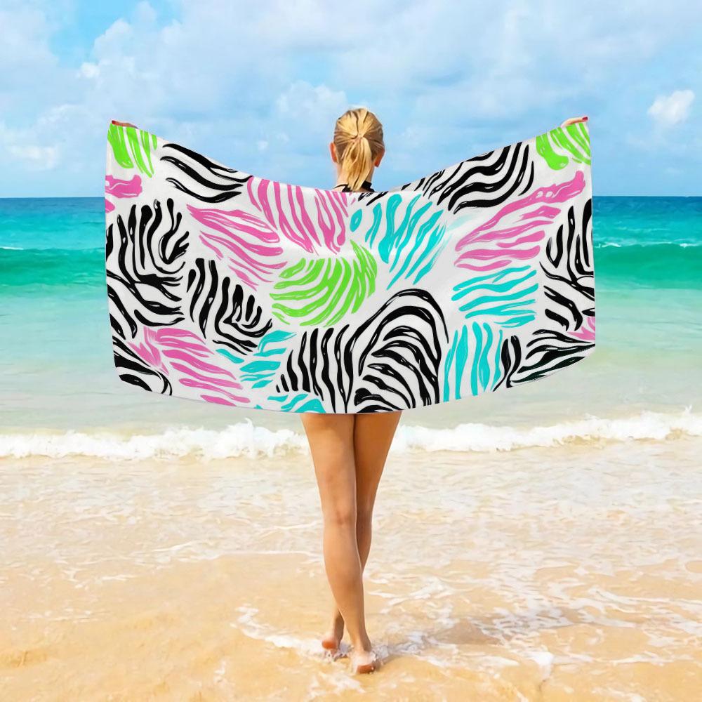 1 Quick Dry Lightweight Oversized Beach Towel - Modern Digital Printed Zebra Pattern With Neon Decor For Beach, Pool, Camping