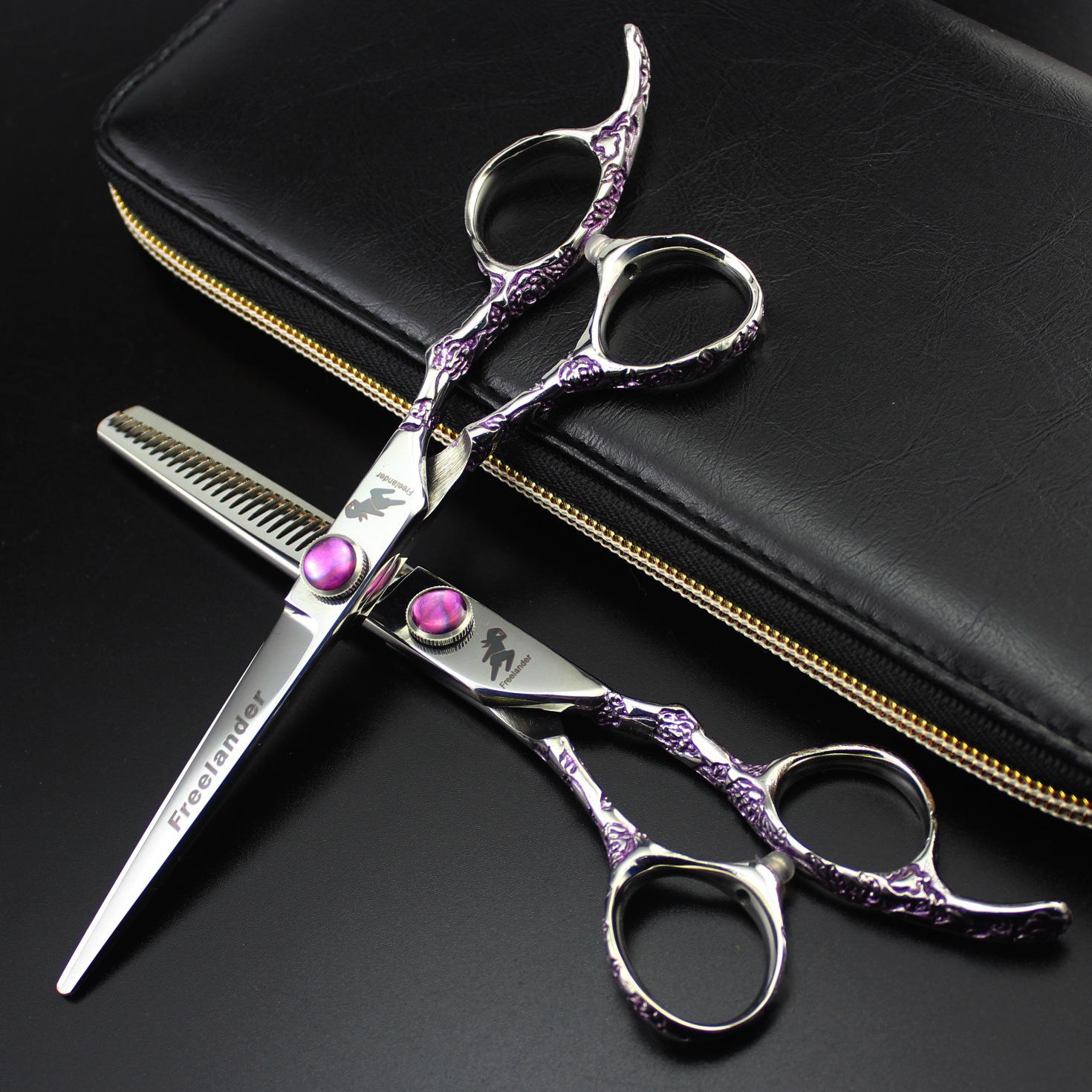 6.0 Plum Blossom Hairdressing Scissors - Straight & Thinning Shears, Purple Flower Pattern Purple Flower Handle Straight Shears