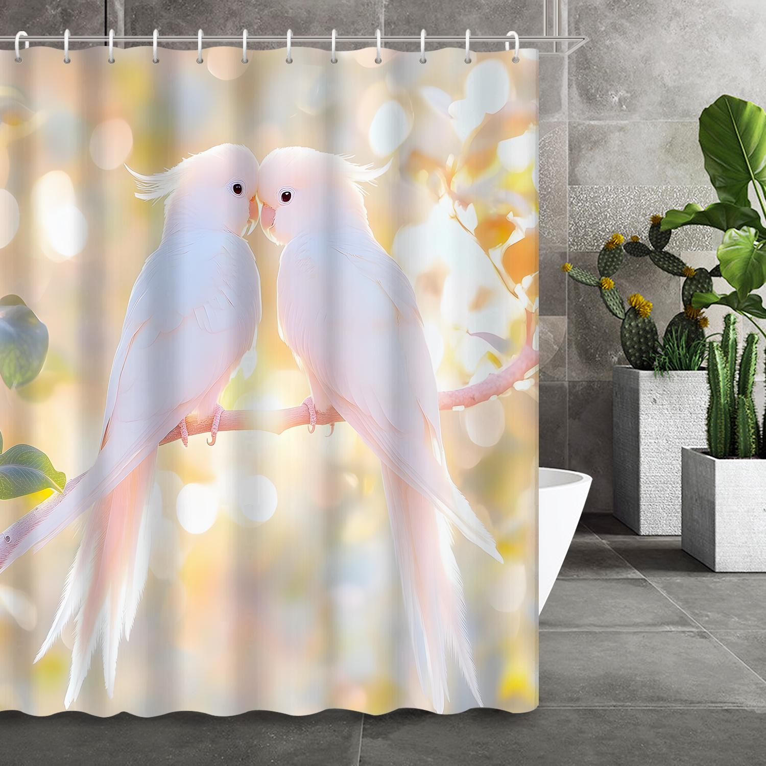 

Fantasy Parrot Animal Love Shower Curtain With 12 Hooks – Light Branches & Leaves Design For Decorative Bath Partition W60H190(CM)-1 Pcs
