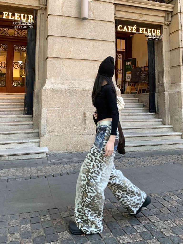 Women's American Retro Leopard Print Wide-Leg Jeans