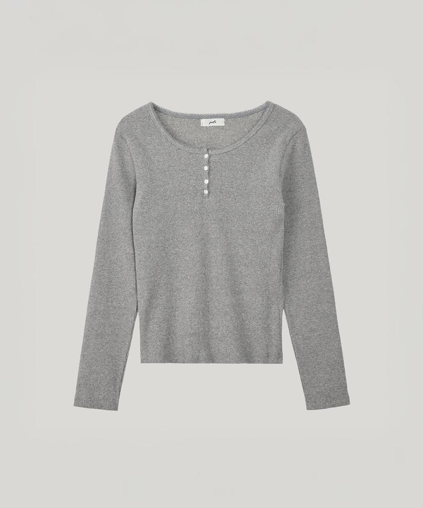Poeteuseoul Lace Long Sleeved Button T-Shirts_Melange Gray