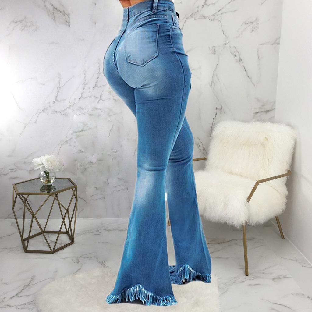Sexy and Versatile Fashion Slim Fit Ripped Denim Flared Pants for European and American Ladies