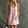 2026 new European and American fashion retro striped loose-sleeved round neck cotton sleeveless hemp mini women's dress