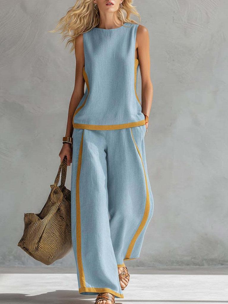 2026 Women's Spring/Summer Color Block Sleeveless Vest & Wide-Leg Pants Set
