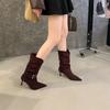 Two Wear 2025 Autumn and Winter New Pointed Thin Heel High Heel Boots Western Cowboy Boots Suede Metal Buckle Short Boots Medium Boots