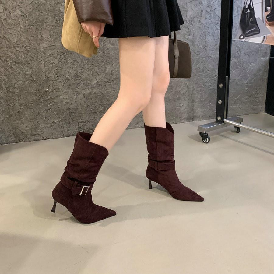 Two Wear 2025 Autumn and Winter New Pointed Thin Heel High Heel Boots Western Cowboy Boots Suede Metal Buckle Short Boots Medium Boots