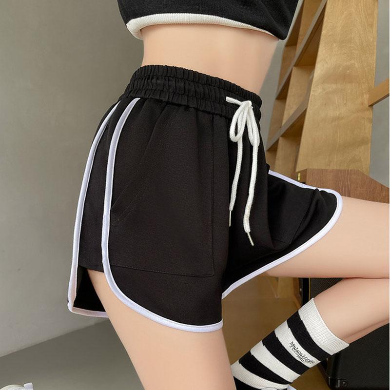 Women Summer Jogging Sports Solid Color Drawstring High-Waisted Wide-Leg Casual Shorts Pants