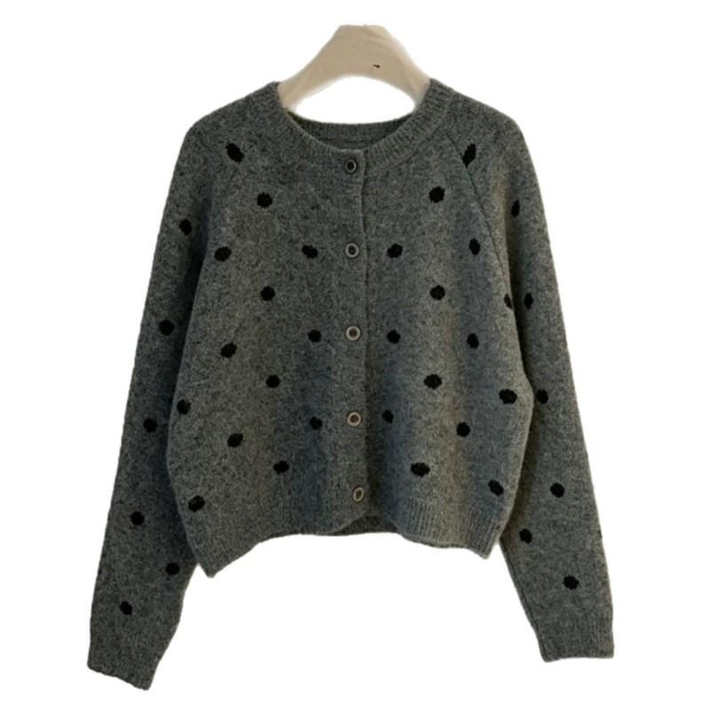 2026 Damen Oversized Rundhals Strick Cardigan mit Farbblock-Punkte-Muster Lockerer Sitz Lässiger Arbeitskleidungs Pullover