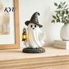 Whimsical Halloween Figurine Lighted Ghost Figurine, Spooky Resin Witch on Pumpkin/Holding Lantern Home Office Table Ornament Statue with LED