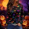 Women's Halloween Print Long Sleeve Round Neck Top with Split Hem