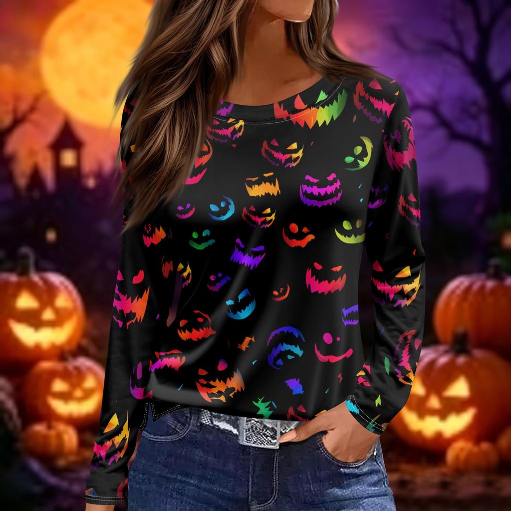 Women's Halloween Print Long Sleeve Round Neck Top with Split Hem