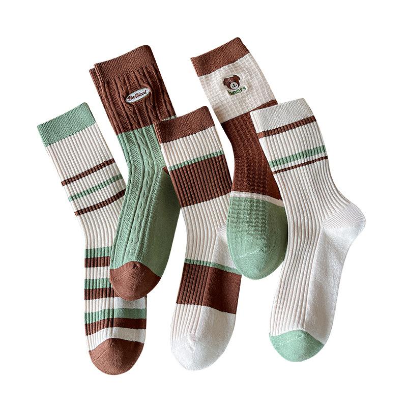 Damen Frühling und Herbst Trendige Gestreifte Bär Bestickte Einfarbige Sportliche Lange Socken