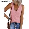 Summer New Europe and The United States Women's Buckle Knitted Undershirt Solid Color V-neck Sleeveless Blouse Female
