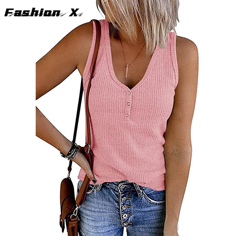 Summer New Europe and The United States Women's Buckle Knitted Undershirt Solid Color V-neck Sleeveless Blouse Female