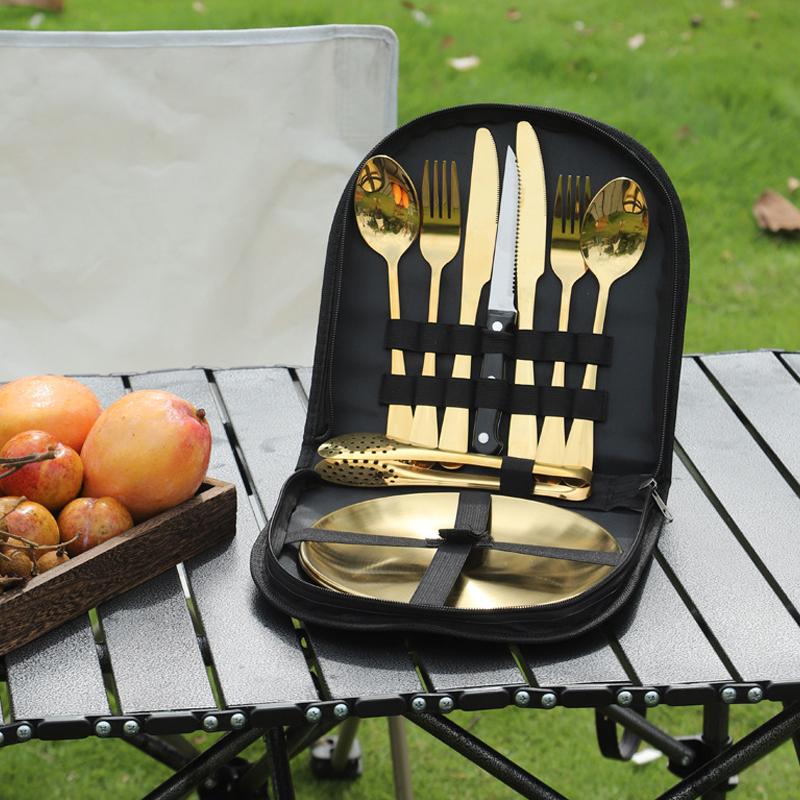 10Pcs/Set Stainless Steel Tableware Outdoor Cutlery Set Camping Picnic Plate Spoon Knife Fork Tongs Portable Hiking Storage Bag