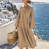New Women's Casual Loose Fashion Solid Color Cotton Linen Crew Neck Long Sleeve Pocket Dress