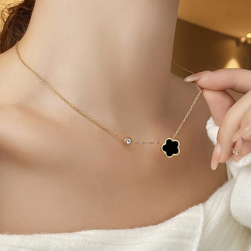 Double Sided Clover Zirconia Necklace, Lucky Charms Flower Shell Pendant, Rustproof Stainless Steel Dainty Jewelry for Women