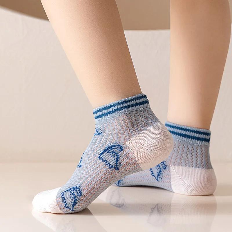 5Pairs/Set Cartoon Dinosaur Print Baby Socks Summer Thin Mesh Breathable Sport Sock Cute Stripe Kids Boy Girl Casual Socks