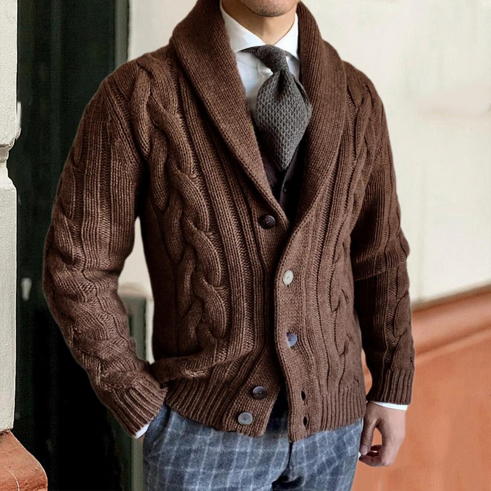 Men Sweater Cardigan Lapel Long Sleeve Twist Texture Button Closure Solid Color Knitting Coat Loose Fit Casual Outerwear