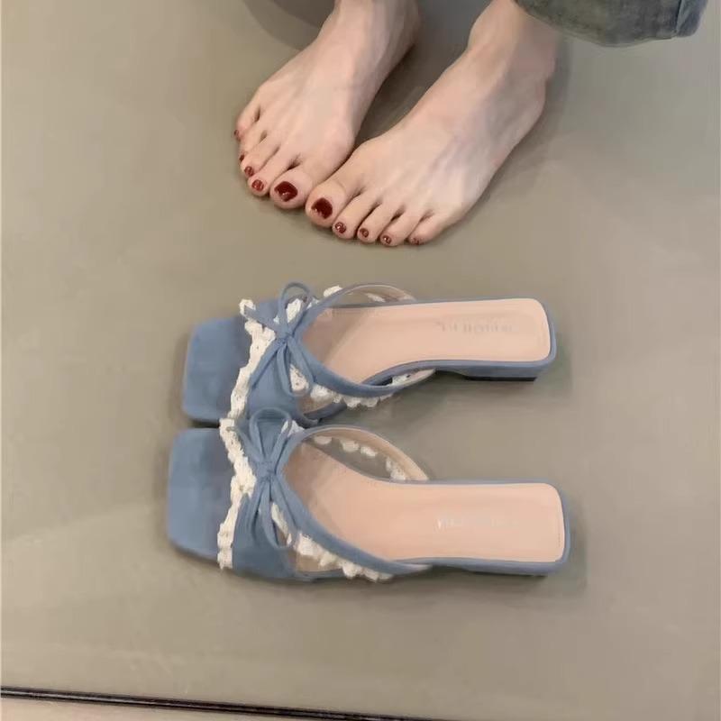 Fashion Hot Selling 2025 New Summer Low Heel Women Slippers Fashion Lace Butterfly-knot Open Toe Slide Ladies Elegant Dress Sandalias