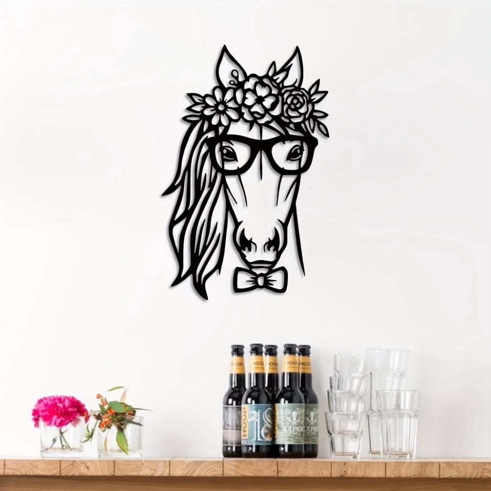 Unique Horse Metal Wall Decor - Geometric Cut Out Plaque with Flowers for Bedroom, Adding Grace To Your Home