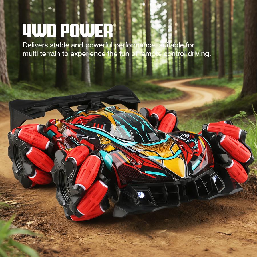 4Wd Rc Stunt Car with Sprayer & Namu Wheels, 2.4g Remote Control Drift Vehicle, Colorful Led Lights & Sound Off-Road Toys Gift F